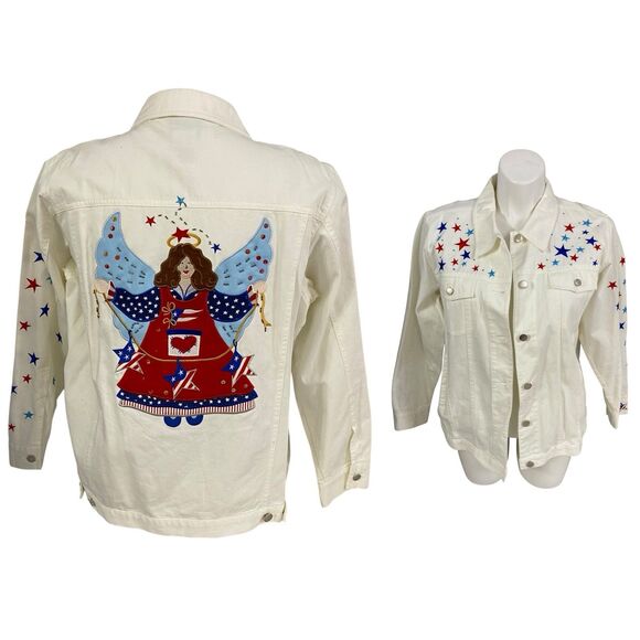 Quacker Factory Jacket Womens Sz Large Patriotic Angel Folk Art Americana Cotton - Picture 11 of 13